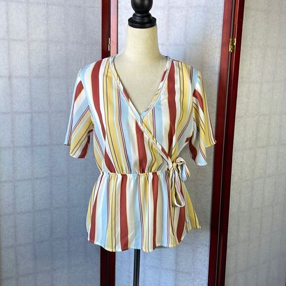 Pink Rose Retro 70s Vibe Faux Wrap Striped Peplum Blouse (Size: Large) - Picture 3 of 12